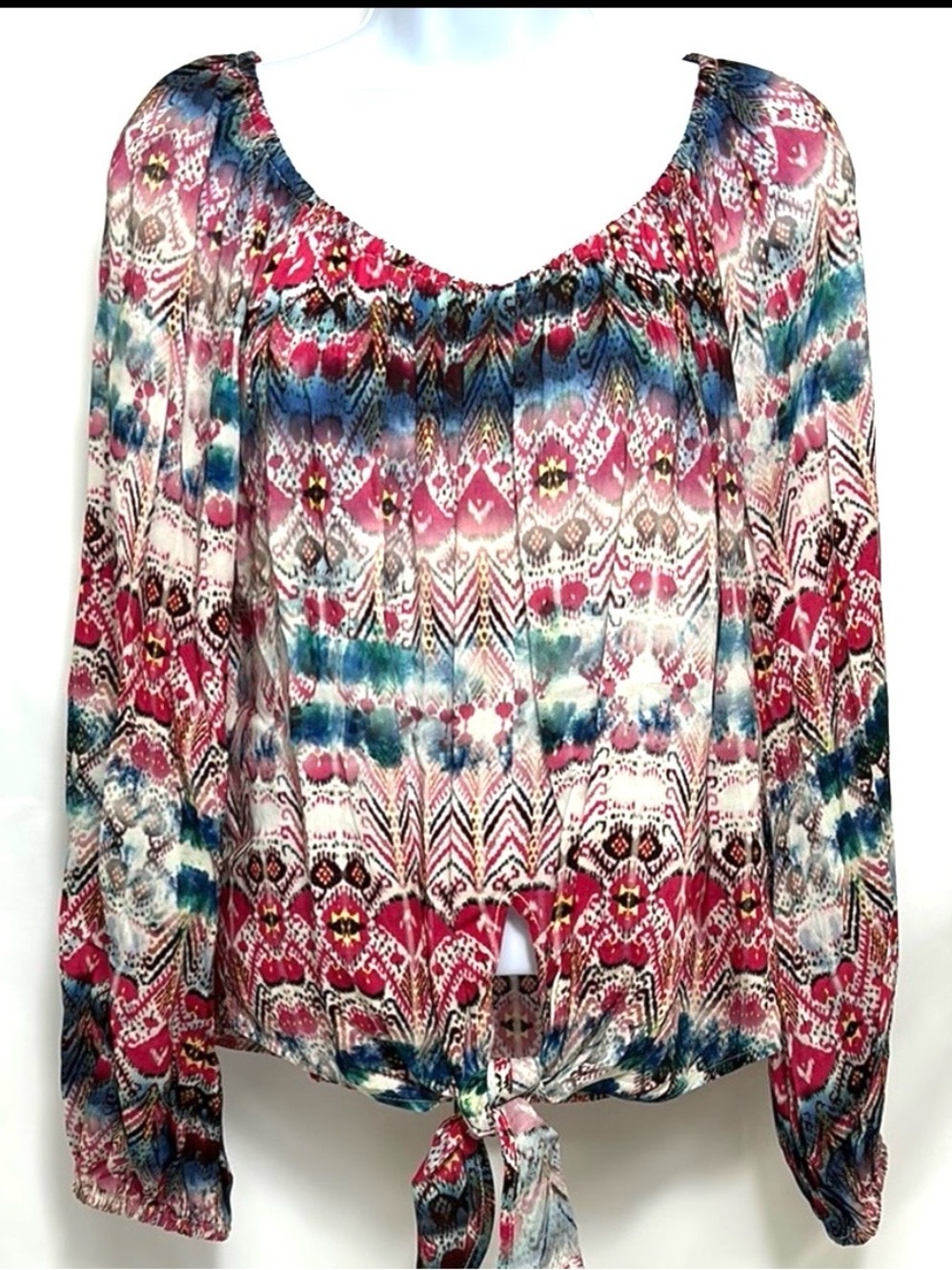 Karen Kane Women’s Size Large Petite Multicolored Crop Tie Front Designer Blouse